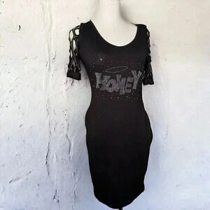 Y2K Black Honey Rhinestone Embellished Sheath Dress S/M Scoop  Neck